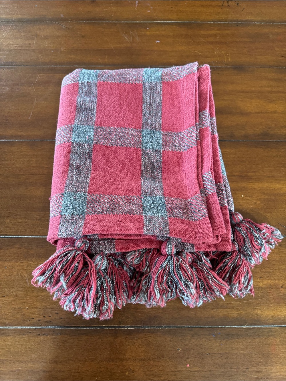 Foreside Home + Garden Throw Blanket Red Gray Plaid Tassel Fringe 56x48
